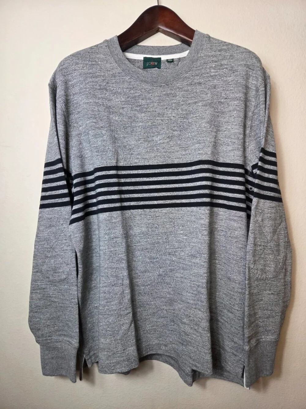 J. Crew Men's 100% Cotton Sweater L Gray Black Stripe Crew Neck Elbow Patch